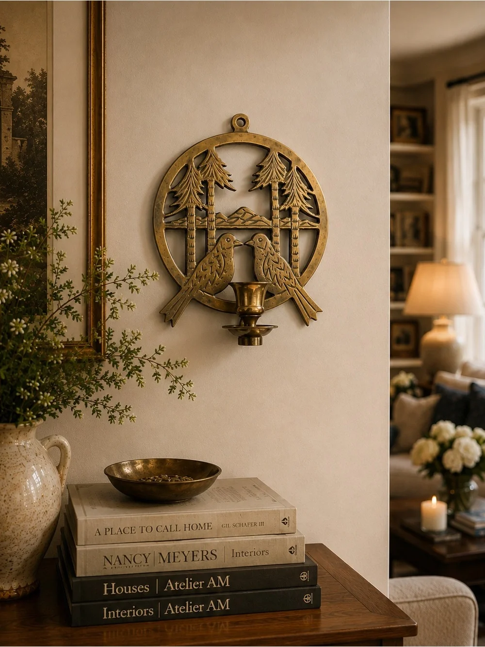 Vintage Solid Brass Birds & Pines Wall Candle Sconce – Made in India